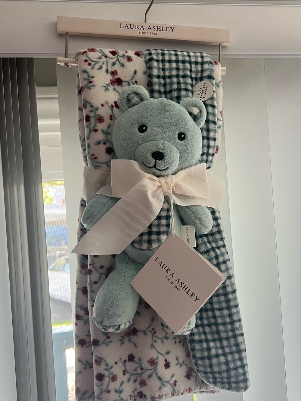 Laura Ashley Baby Blue and Maroon Teddy Bear & Floral/Gingham Plush Throw